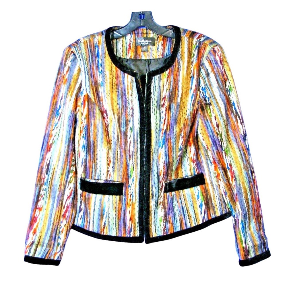 KATHERINE NY Gorgeous MULTI-COLOR TWEED STRIPE JACKET Fuzzy Tapestry Chenille M